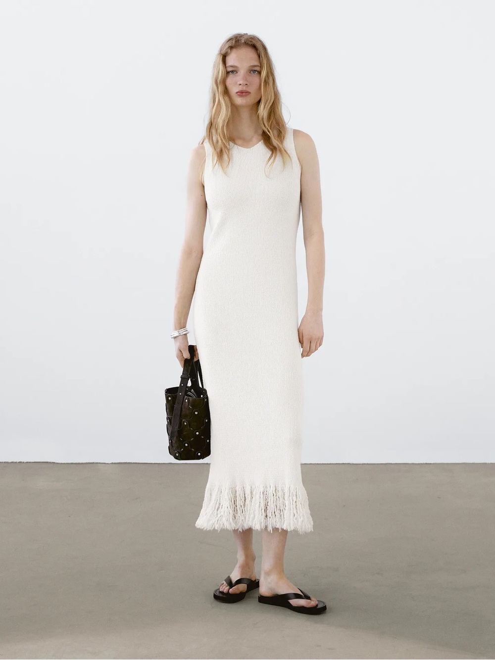 Massimo Dutti Sleeveless Cream Fringe-Hem Knit Maxi Dress